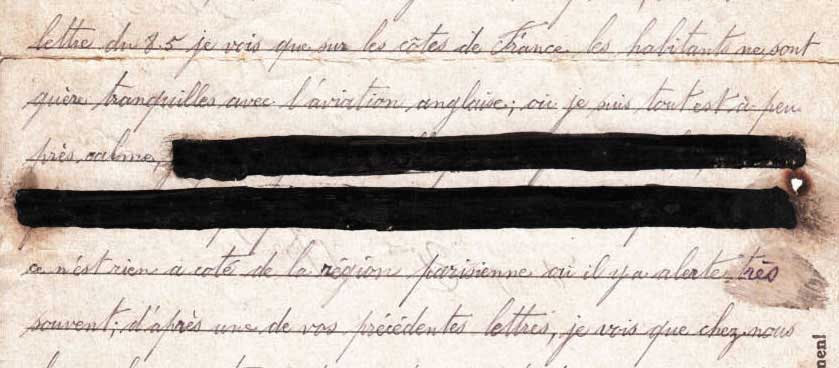 Passage censuré à l'encre de Chine dans une lettre