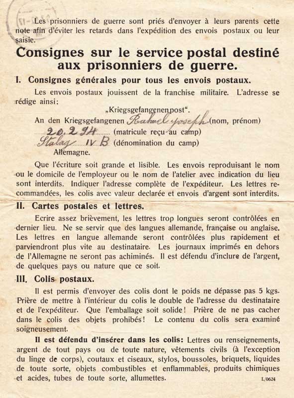 Consignes pour le courrier envoyées aux familles